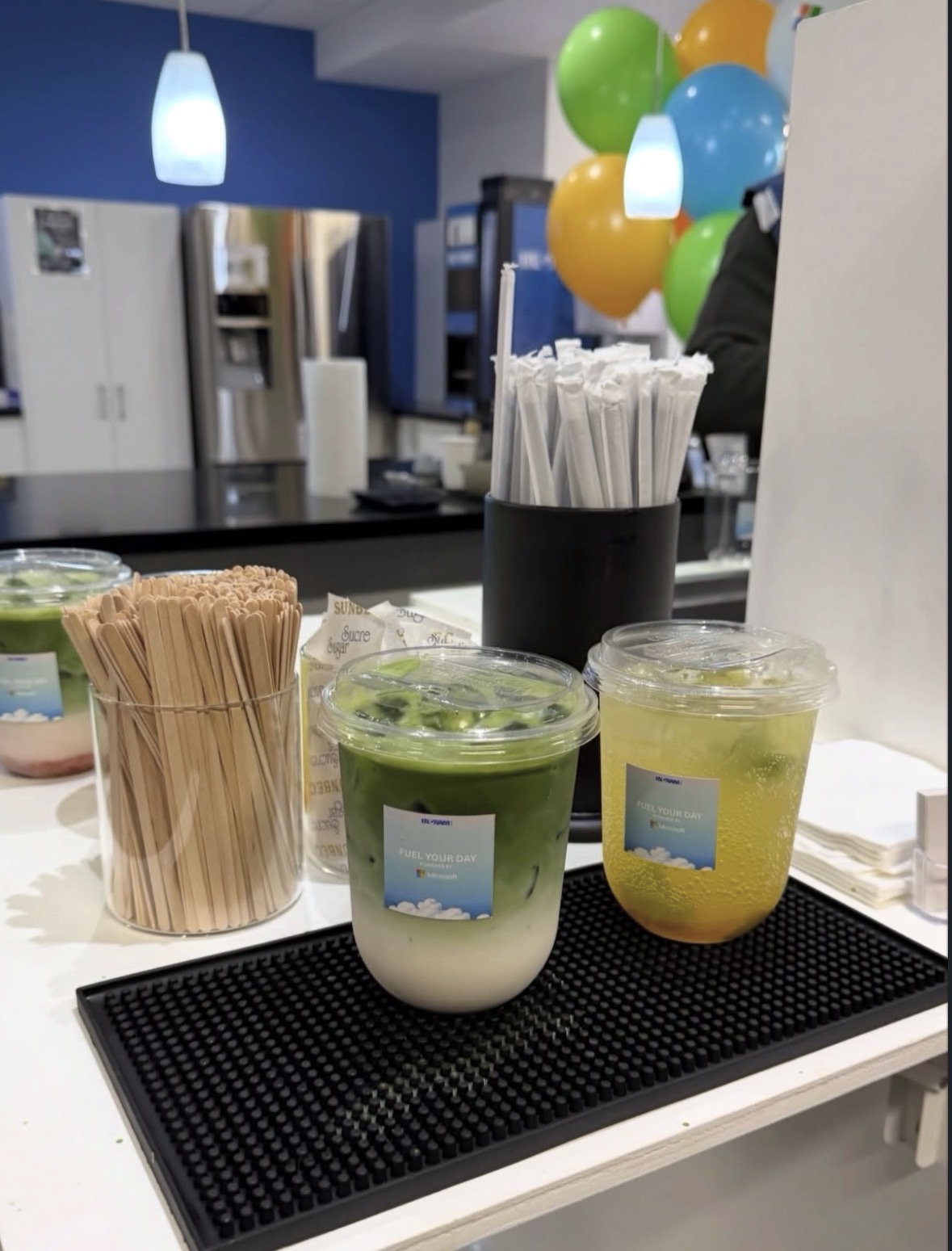Iced matcha lattes at a Microsoft corporate pop-up