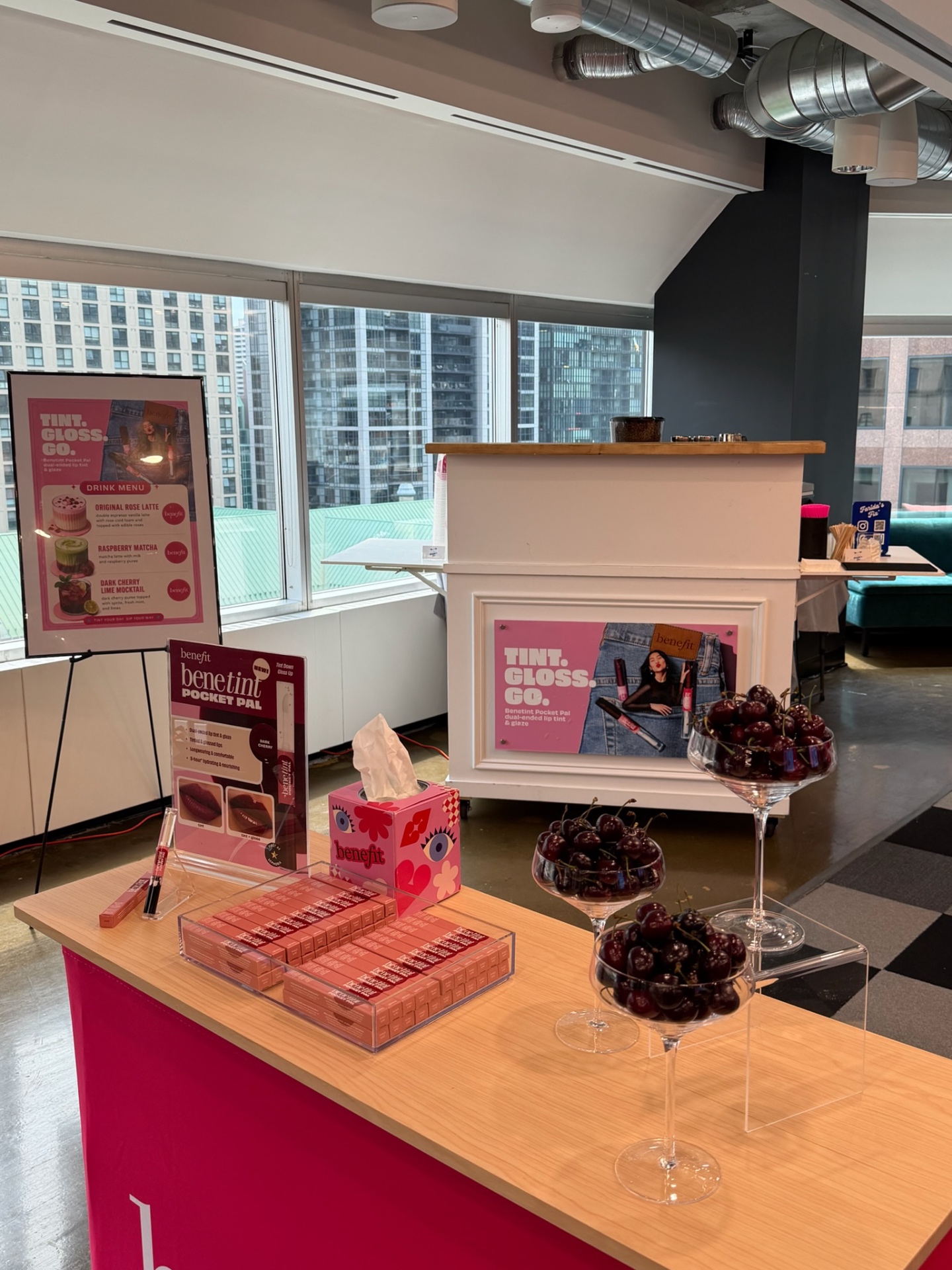Branded Farida's Fix x Benefit Cosmetics pop-up bar setup