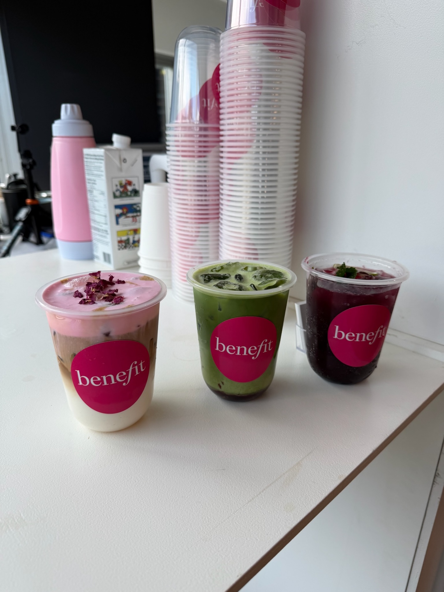 Three Benefit-branded specialty drinks by Farida's Fix